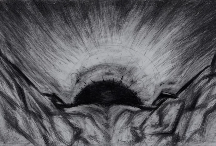 "In the dawn of the first day", Charcoal on paper, 2018.