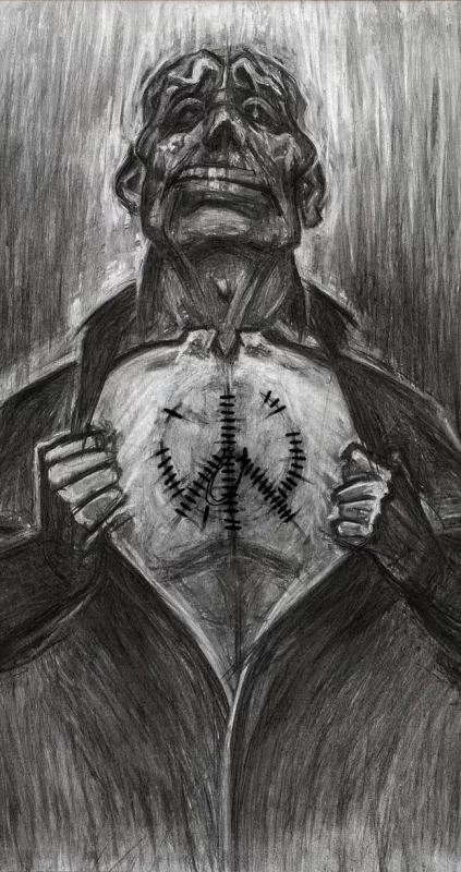 "Peace", Charcoal and needle with a thread, 2016.
