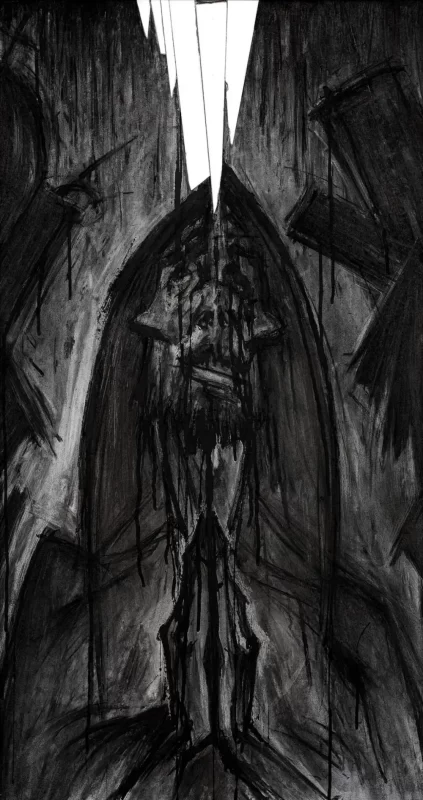 "Prayer", Charcoal, ink and mirror on a cardboard, 2016.