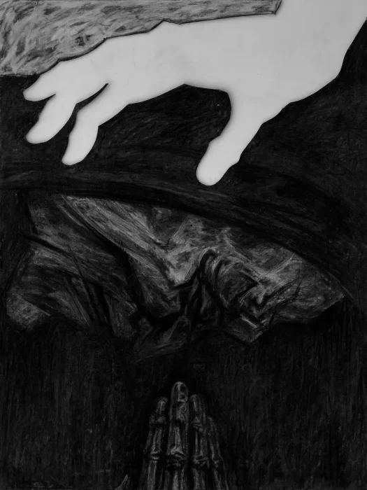 "The Blessing I", Charcoal on paperboard with a slot, 2019.