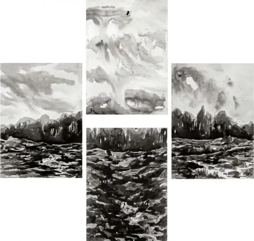 "The Intersection", Black Ink Diluted with wedges on a paperboard, 2019.