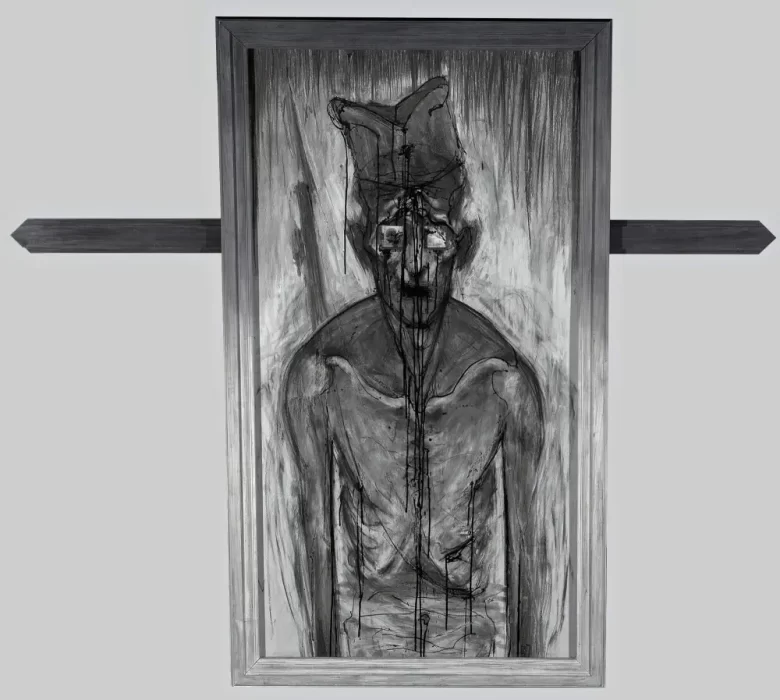 "Welcome Home", Charcoal and ink with a photo bar, 2016.